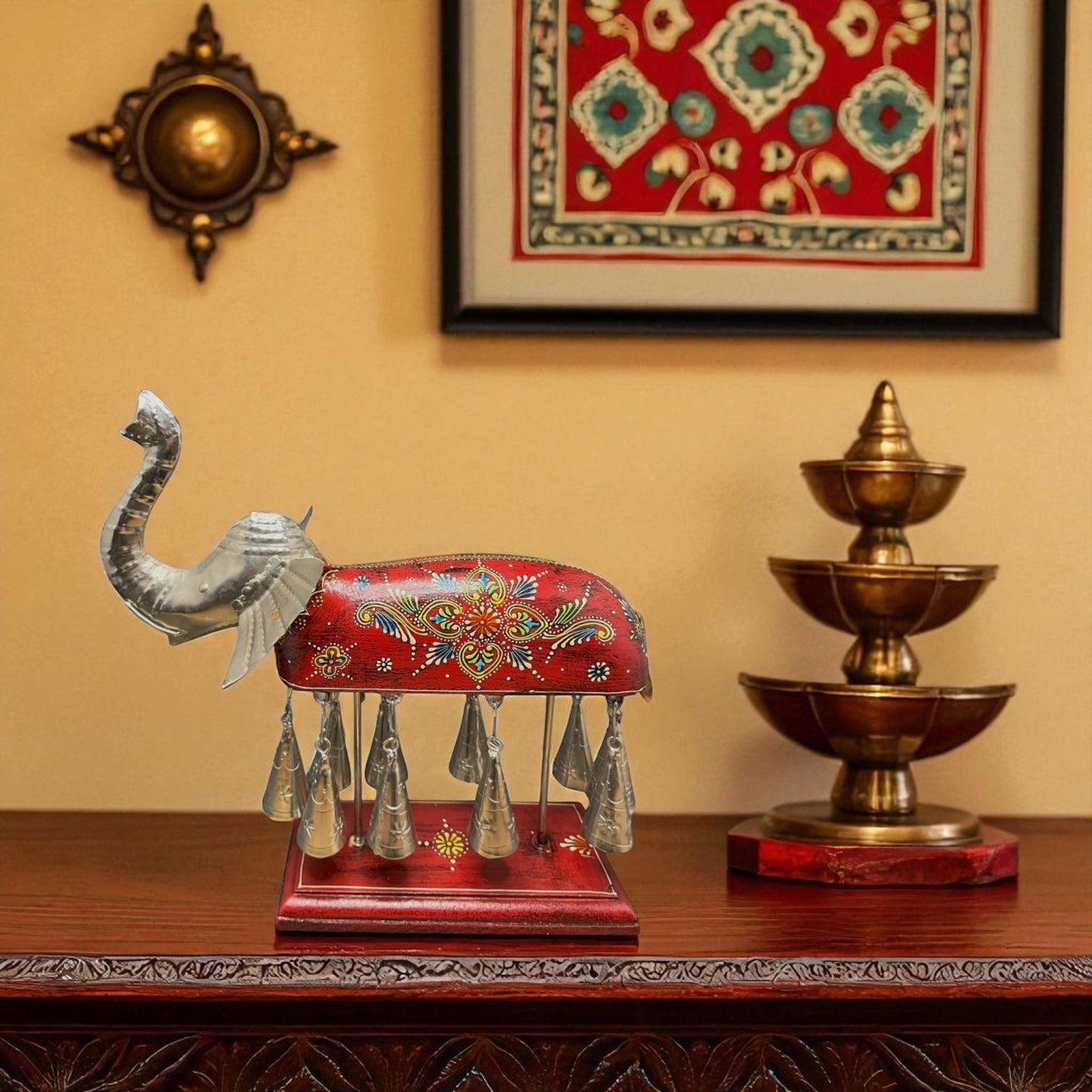 Hand painted Elephant Figurine with Bells - Red