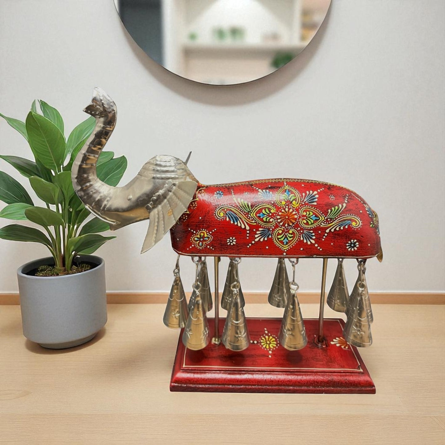 Hand painted Elephant Figurine with Bells - Red