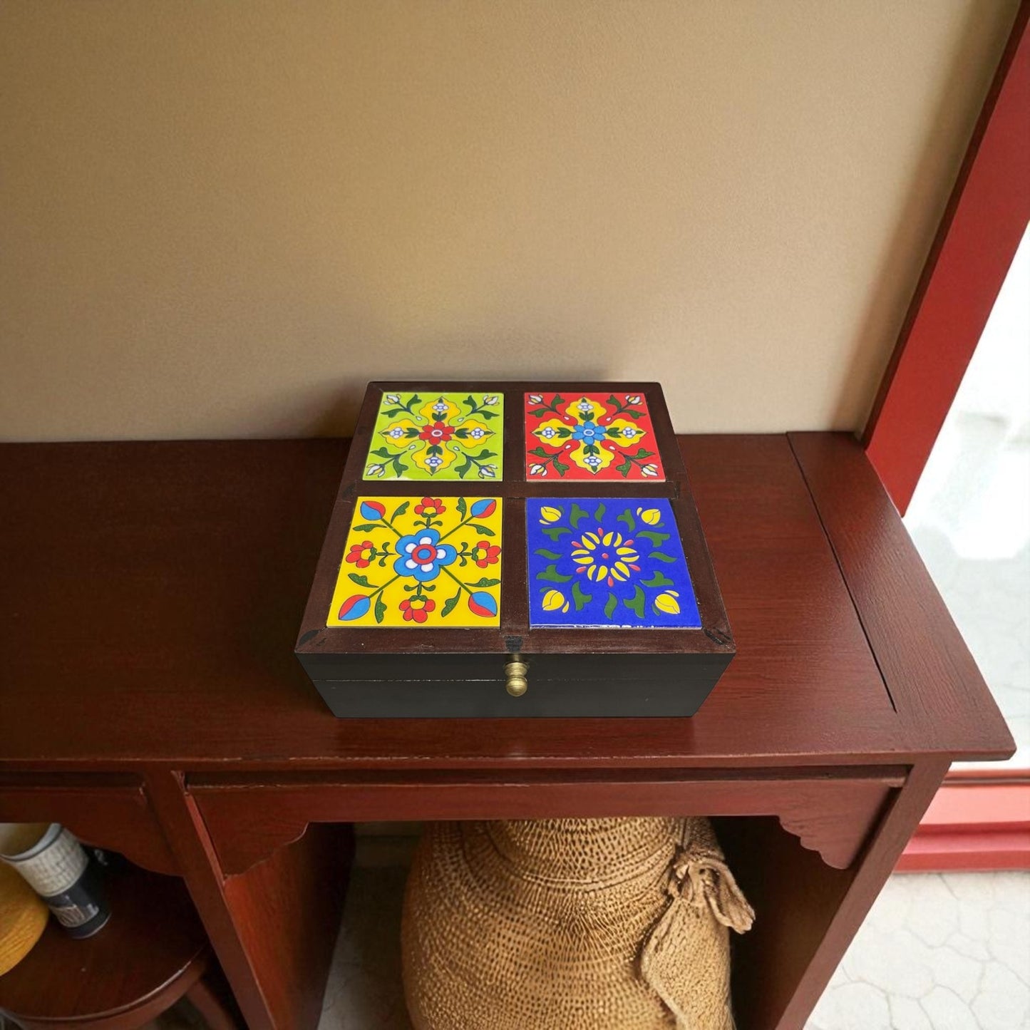 Hand Crafted Wooden Storage Box - 4 Tile