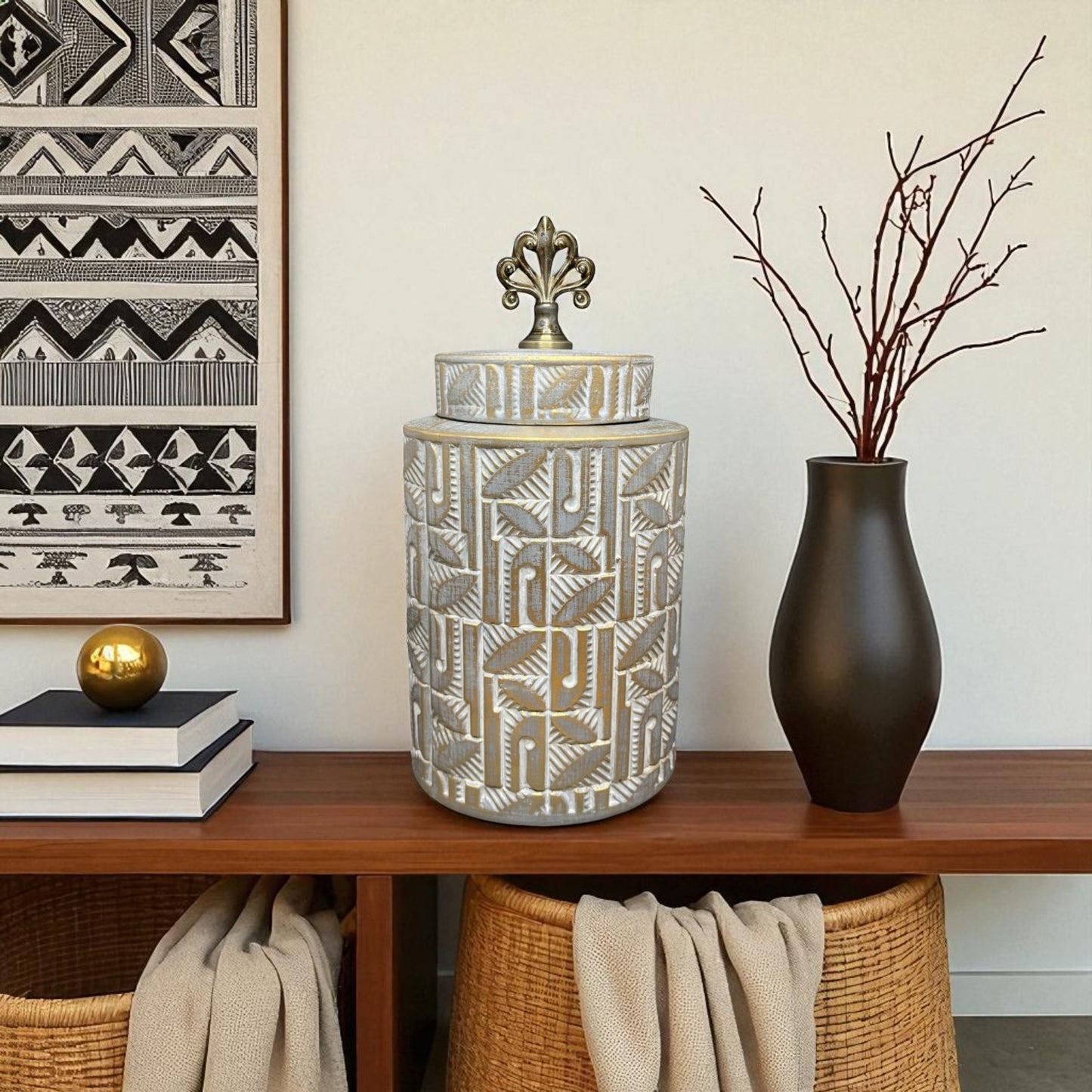 Vintage Leaf-Embossed Decorative Jar