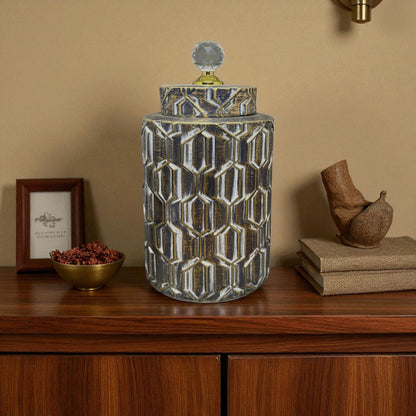 Vintage Geometric Decorative Jar with Crystal Knob