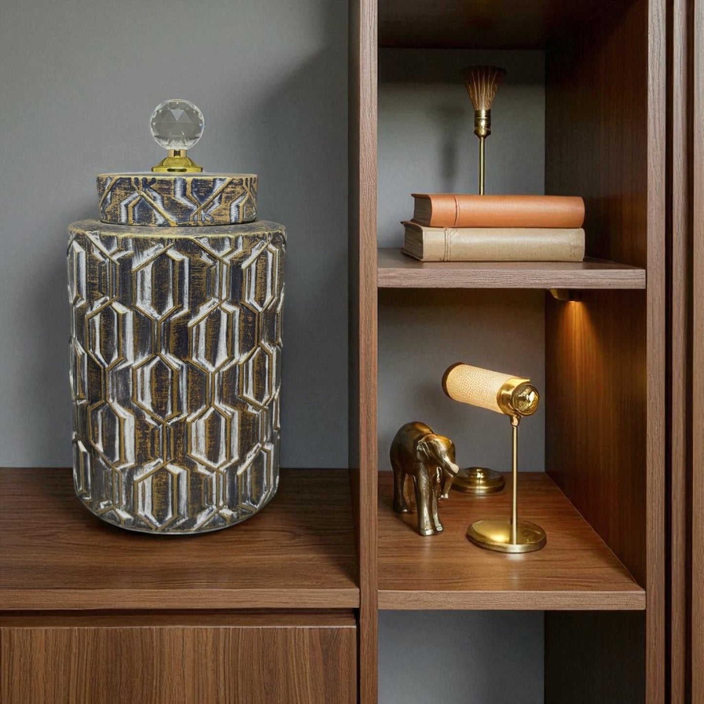 Vintage Geometric Decorative Jar with Crystal Knob