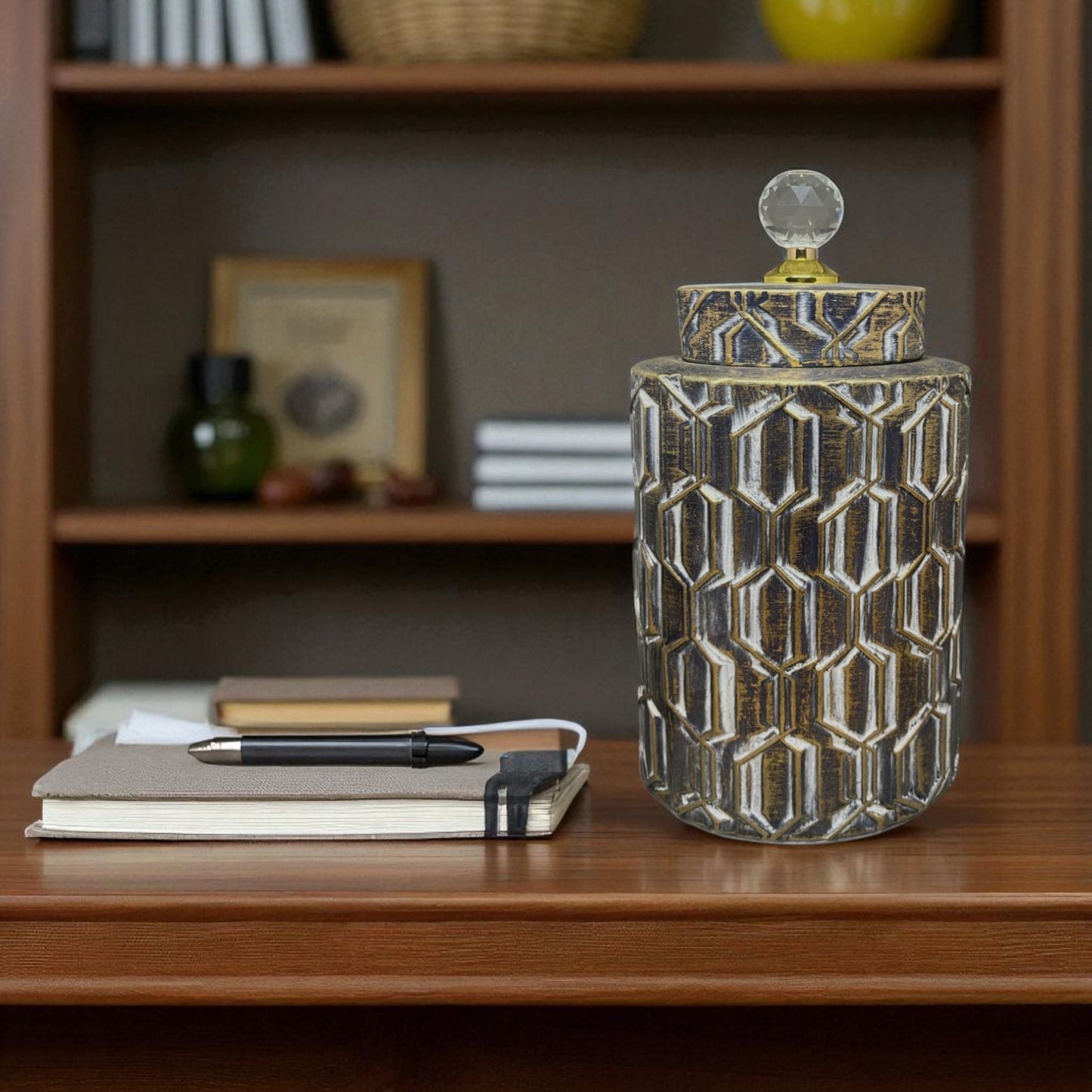 Vintage Geometric Decorative Jar with Crystal Knob