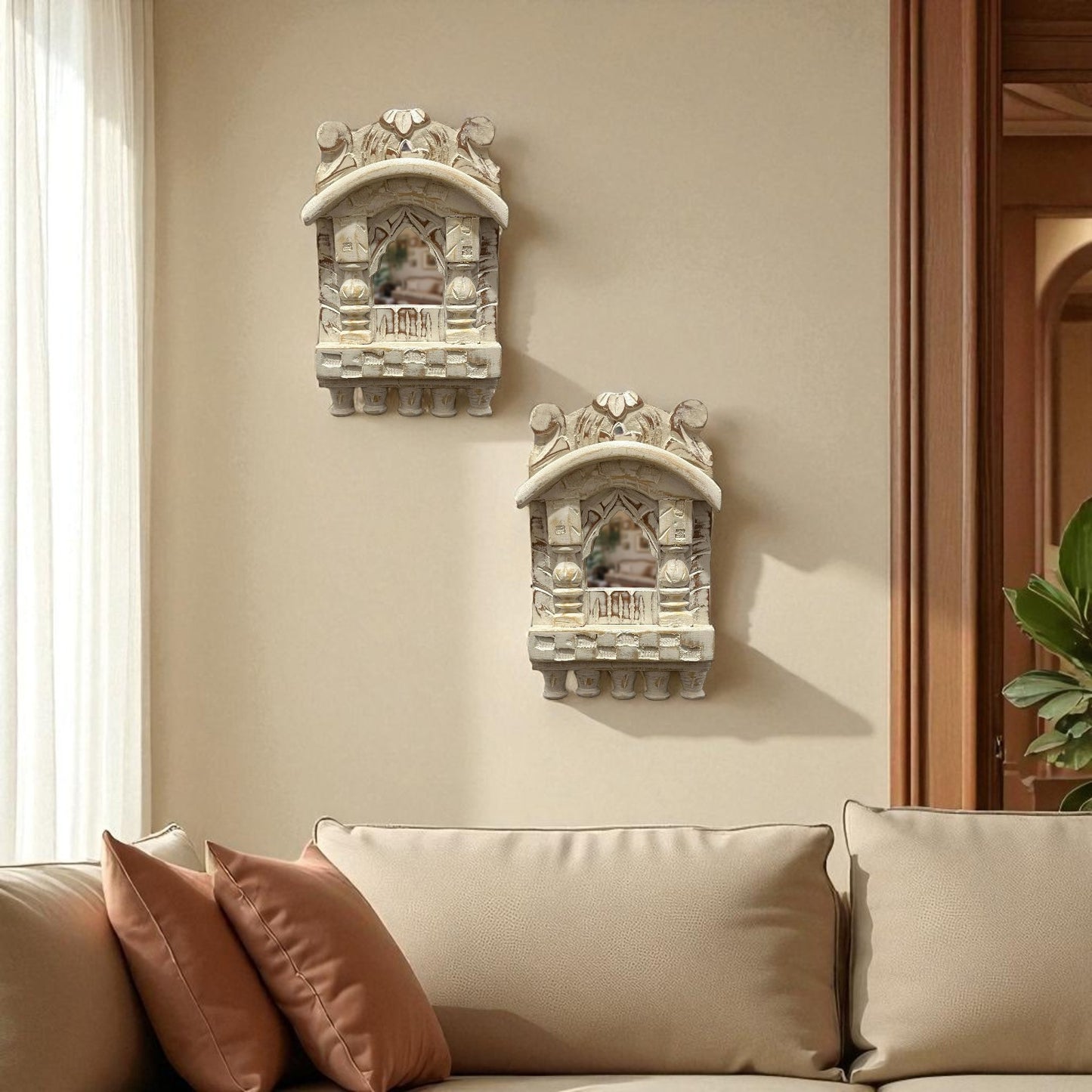 White Wooden Jharokha Wall Mirrors Set