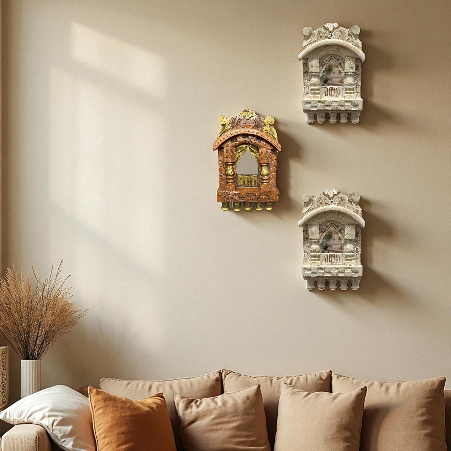 White Wooden Jharokha Wall Mirrors Set