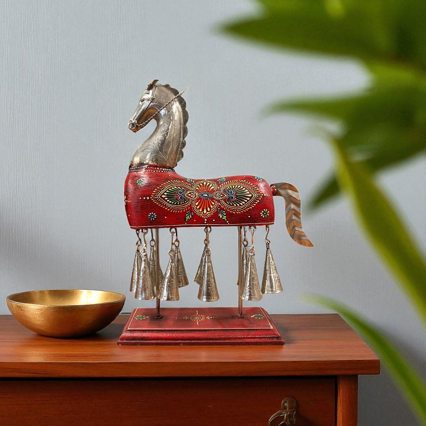 Handcpainted Horse Figurine with Bells - Red