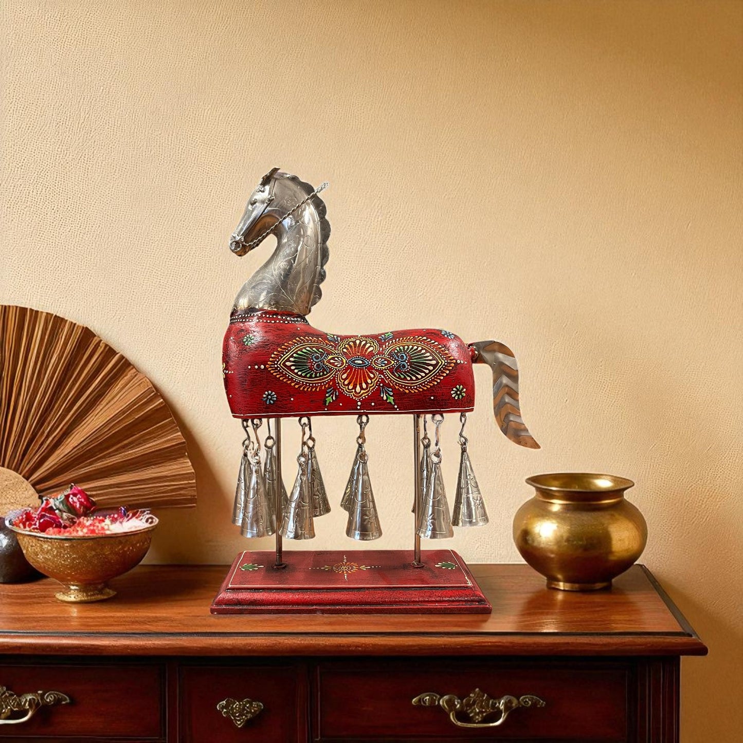 Handcpainted Horse Figurine with Bells - Red