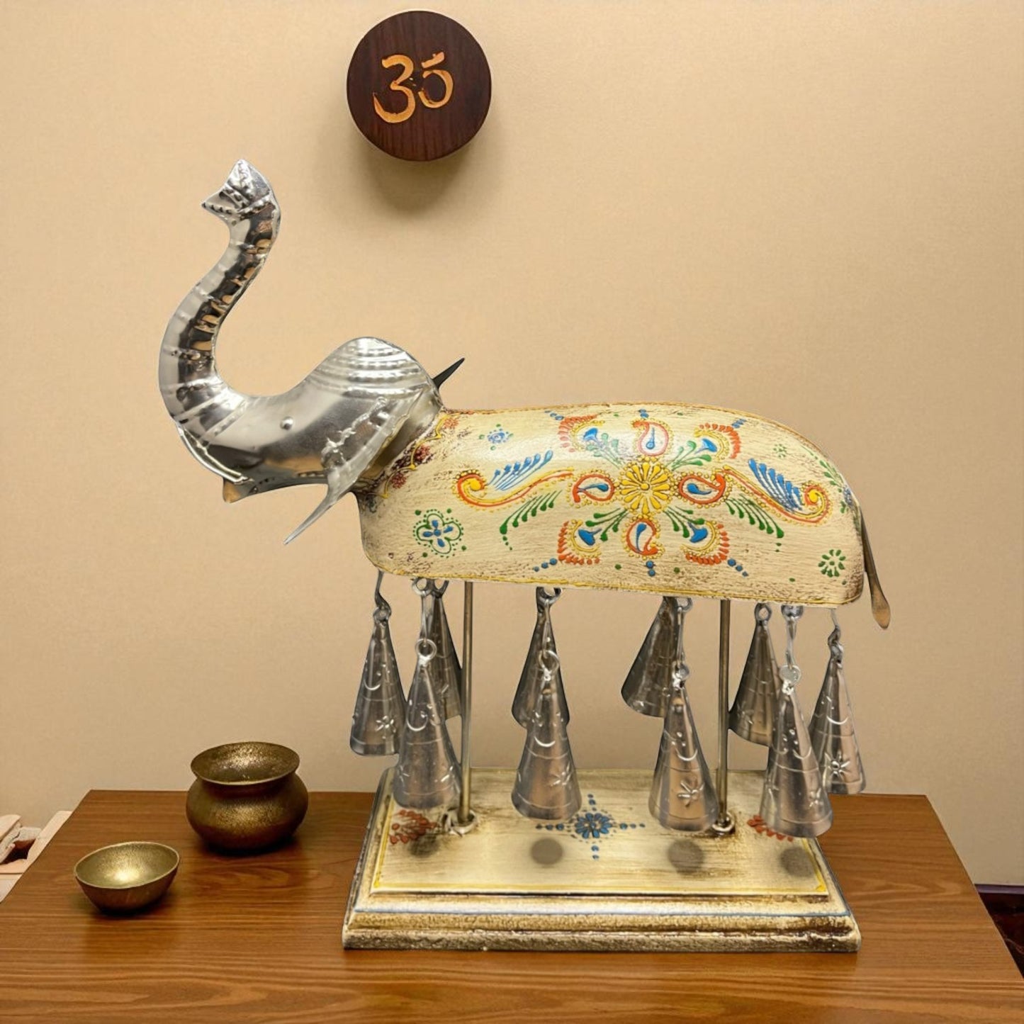 Hand painted Elephant Figurine with Bells - White