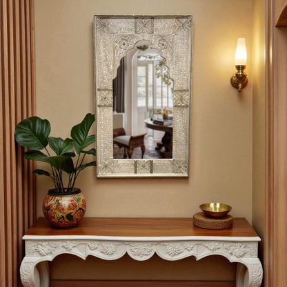 Distressed White Jharokha Mirror