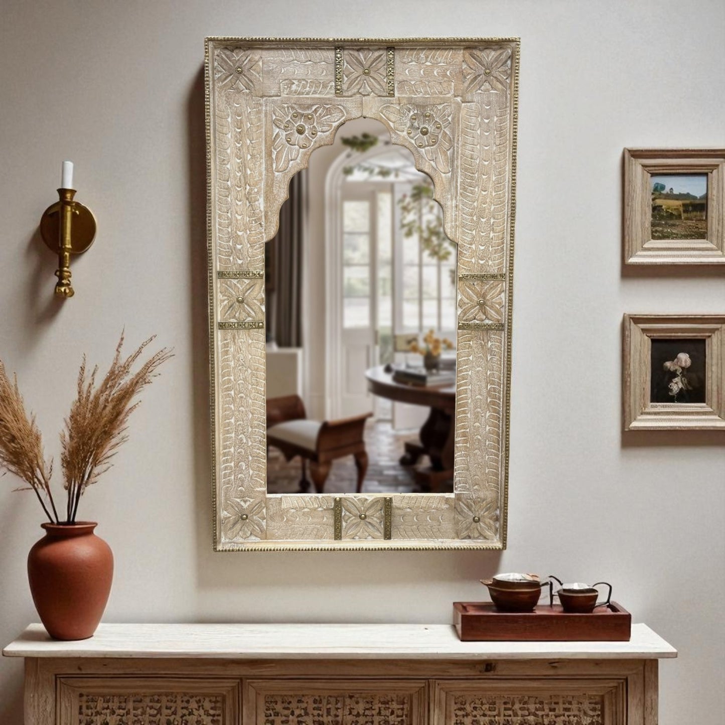 Distressed White Jharokha Mirror