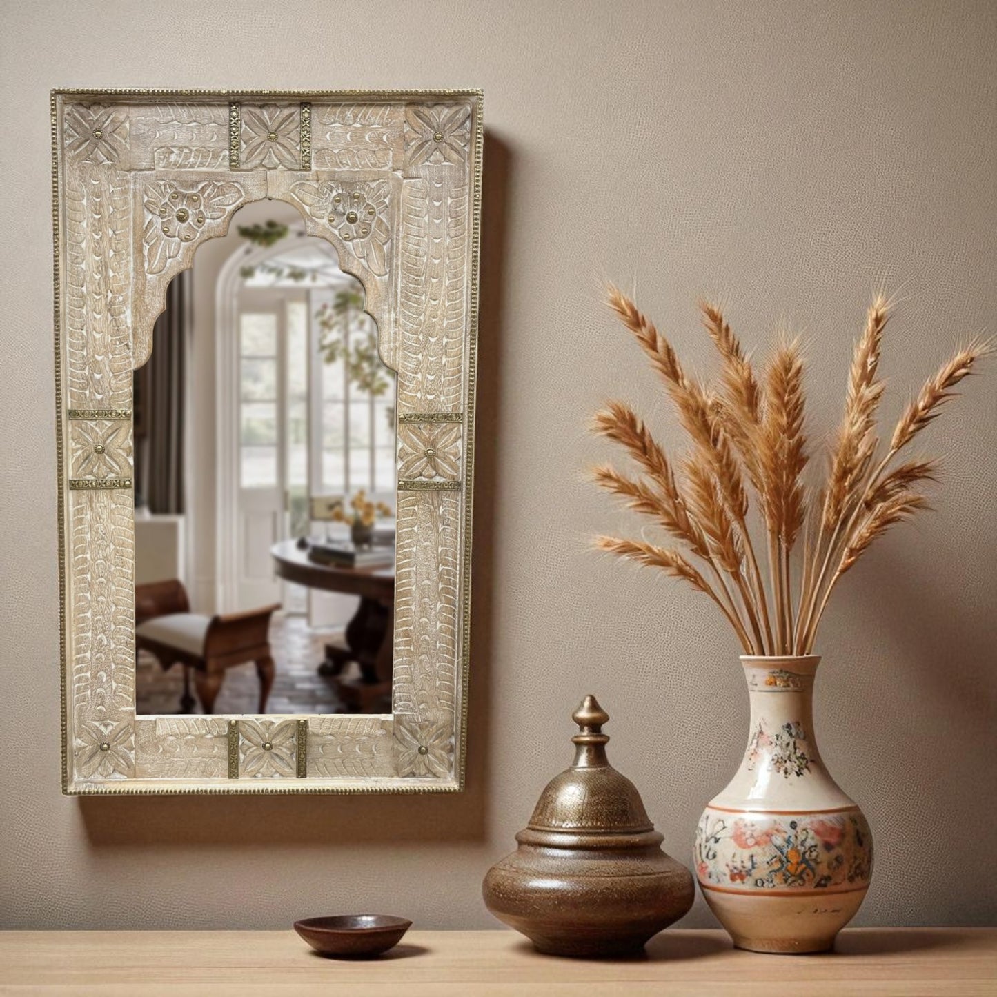 Distressed White Jharokha Mirror