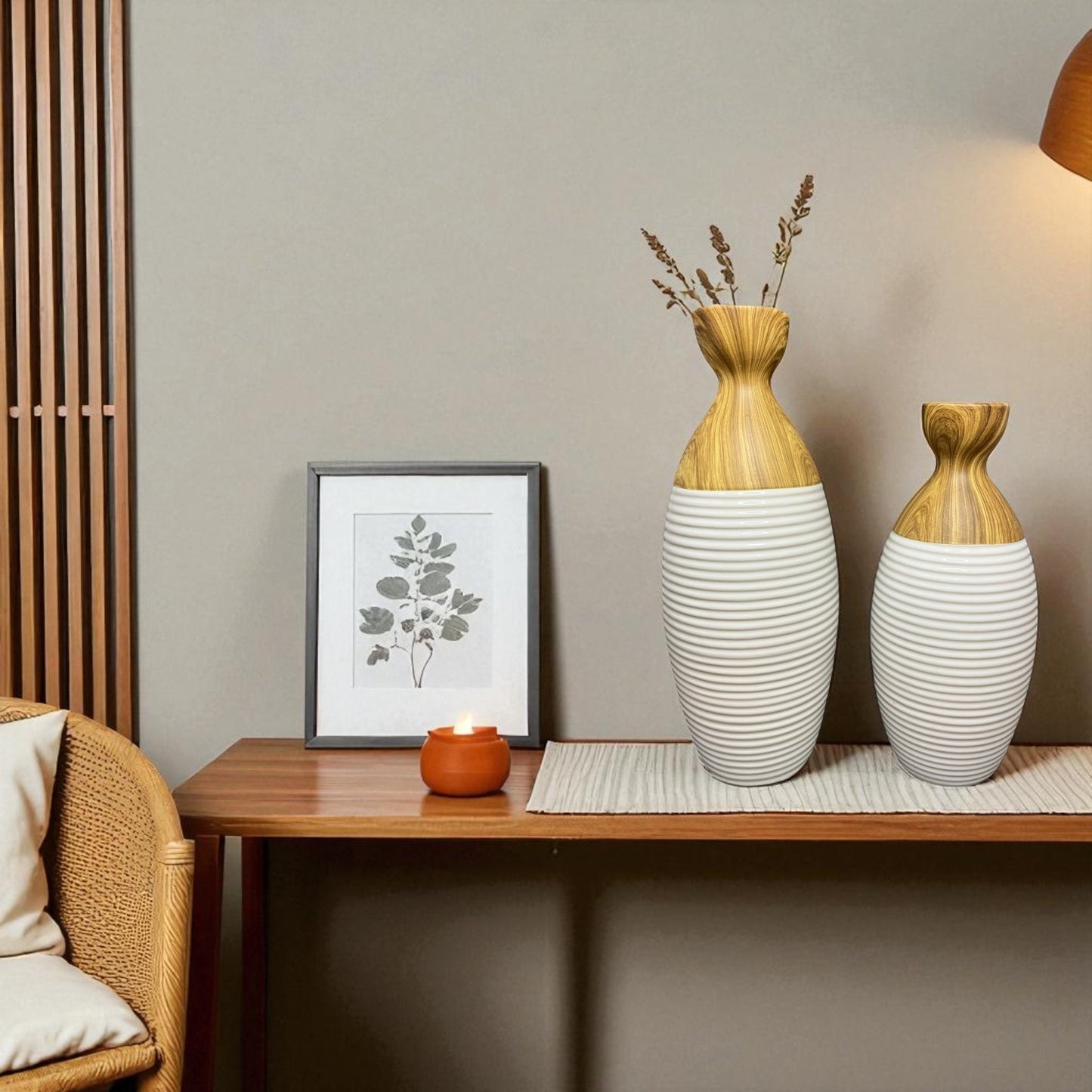 Modern Ceramic & Wood Vase Set