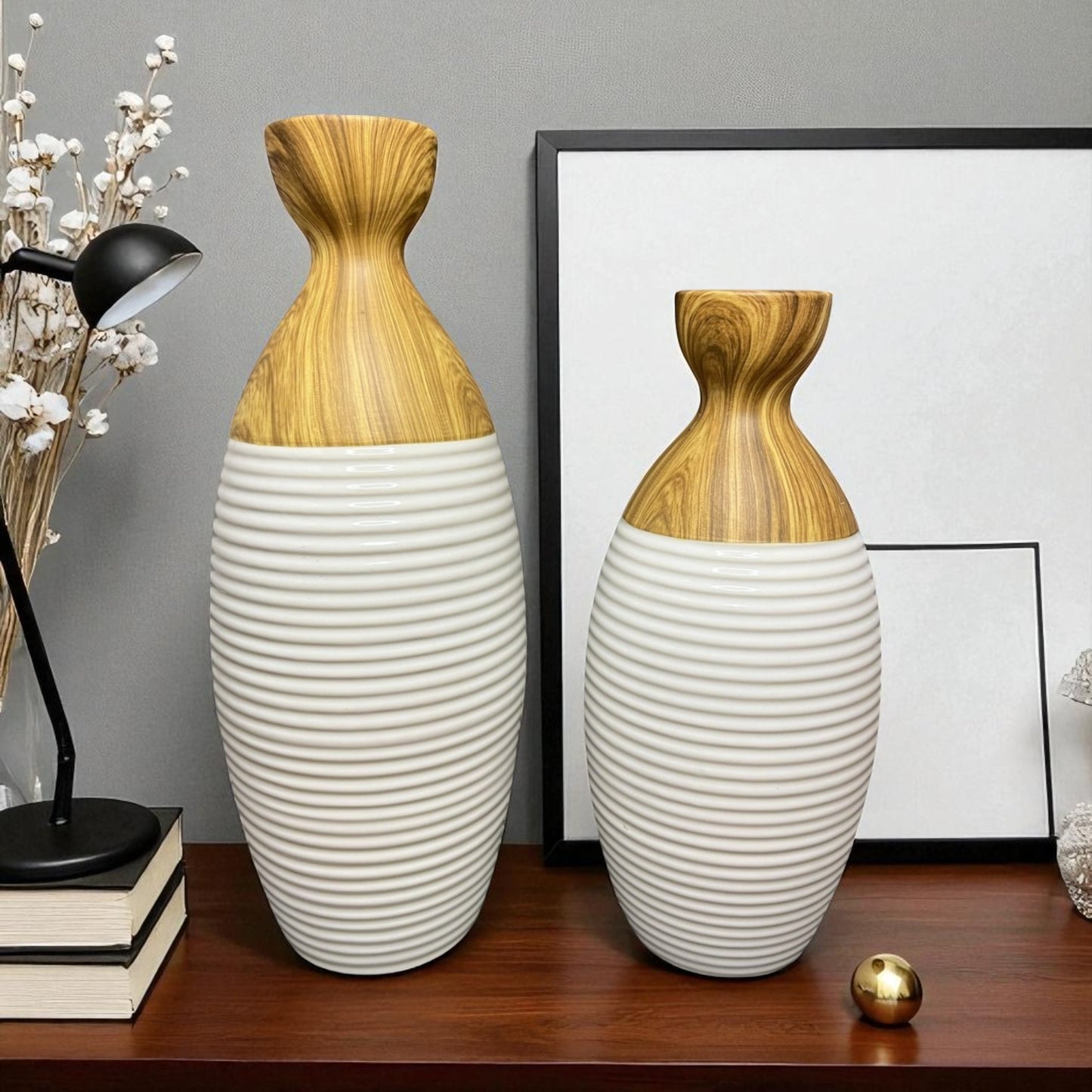 Modern Ceramic & Wood Vase Set