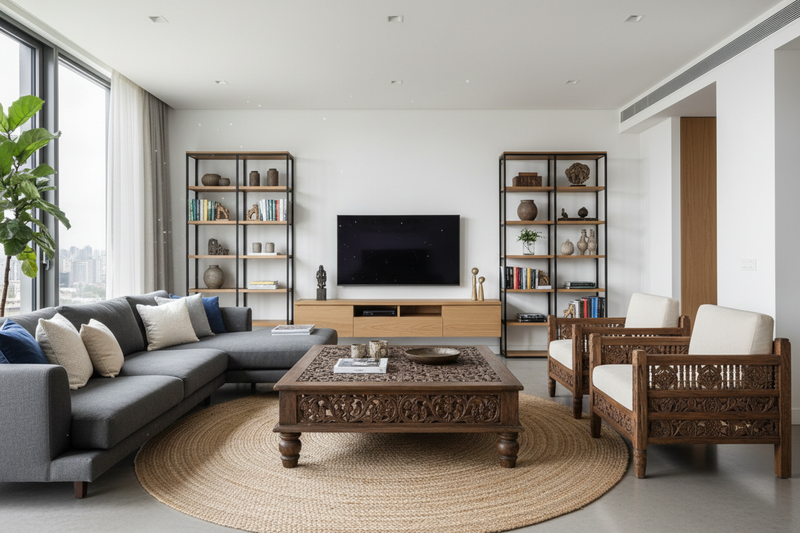 make an ultra realistic living room of a flat with jodhpuri wooden furniture, modern furniture, lifestyle magazine shot, 8k