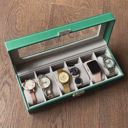 6 Slot Leather Watch Box - Green