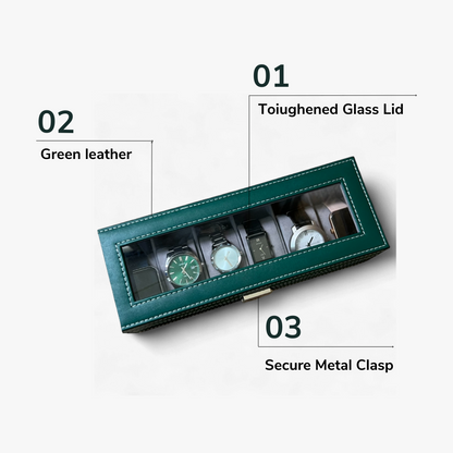 6 Slot Leather Watch Box - Green