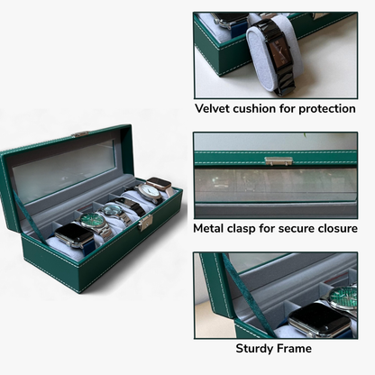 6 Slot Leather Watch Box - Green