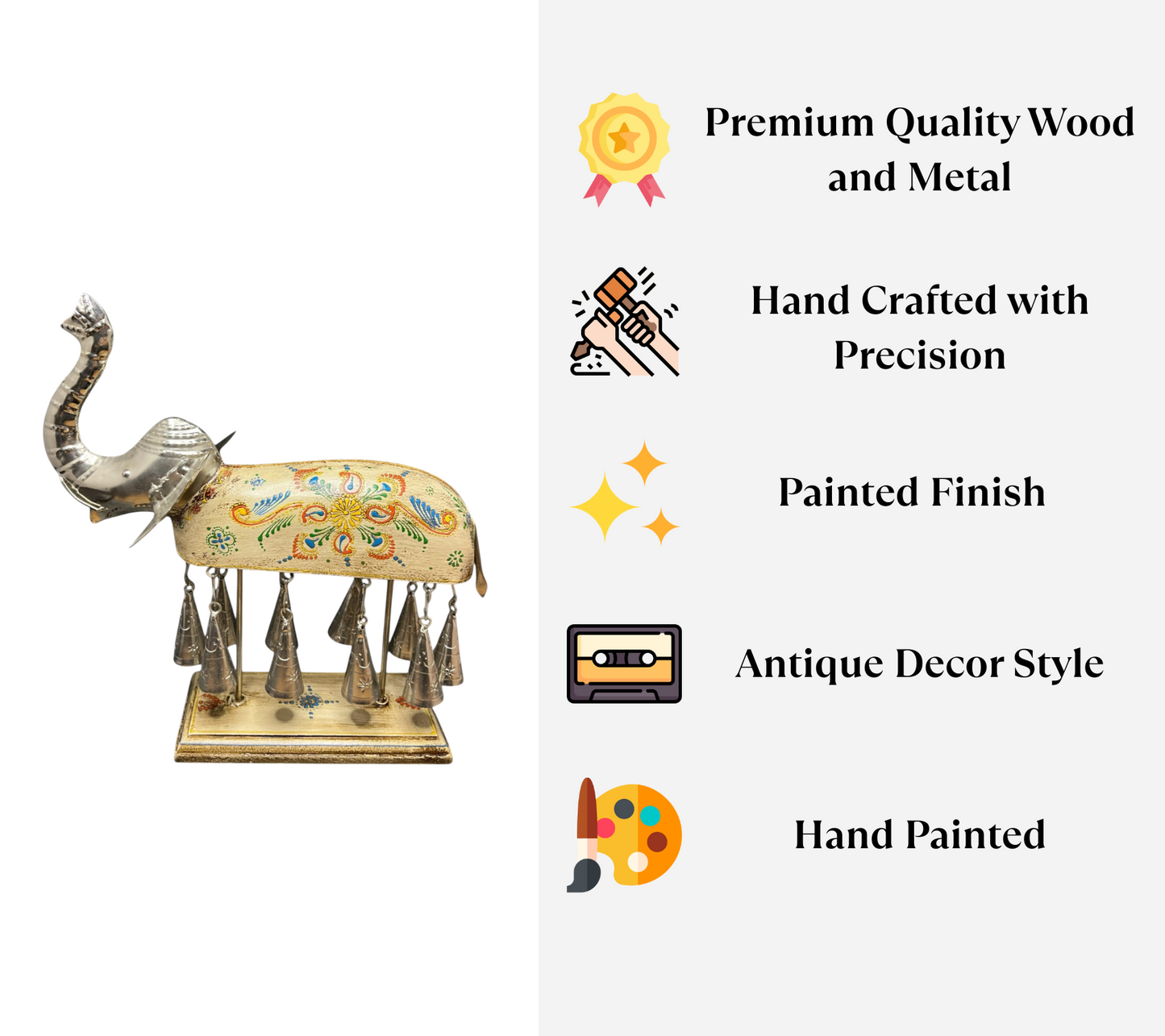 Hand painted Elephant Figurine with Bells - White